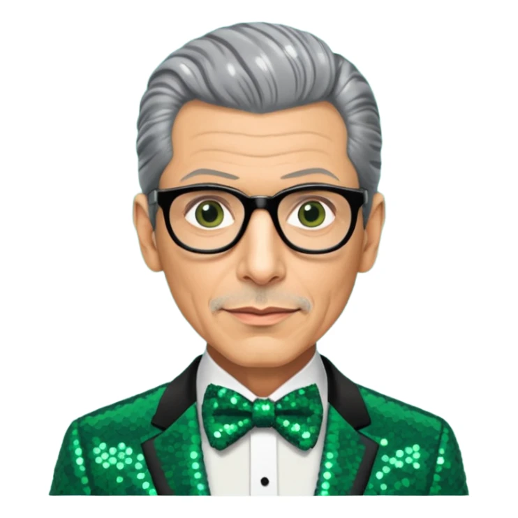 Jeff Goldblum with gray hair, dark green sequin suit with bow tie sticker