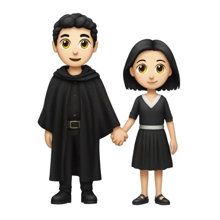 black-haired, white-skinned, straight-haired boy and a girl with a black shawl holding hands
 sticker
