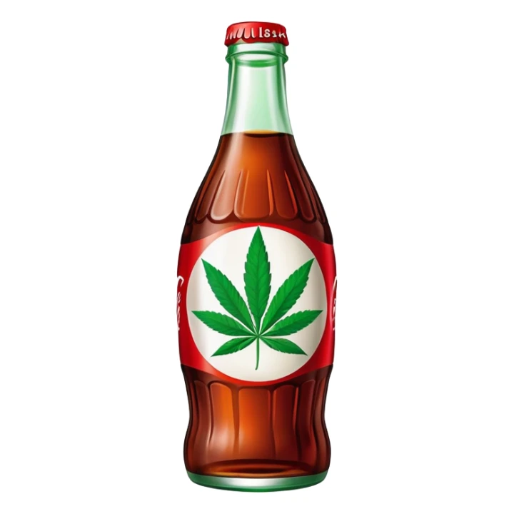 Classic Coca-Cola shaped glass bottle with curved contours, red color, with a cannabis leaf sticker