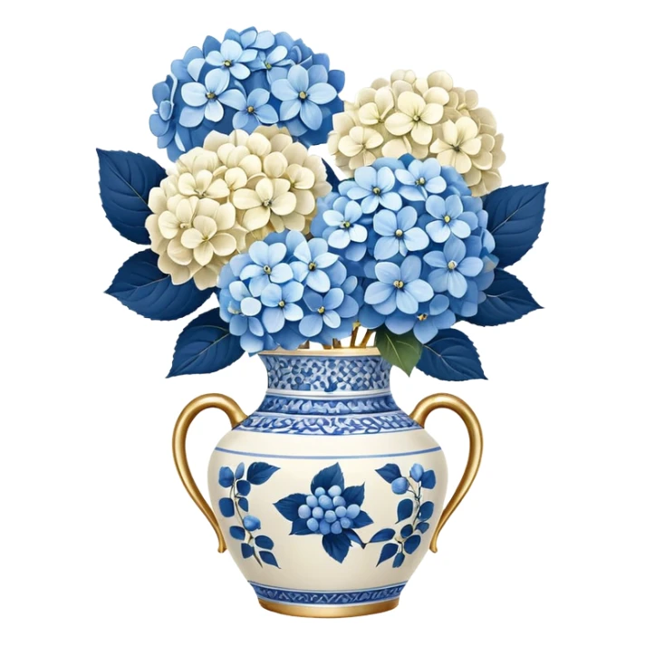 Blue and white floral vase with gold handle, with white hydrangeas stem and blue hydrangeas stems sticker