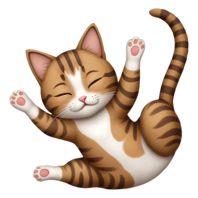 dark brown tabby and white small cat in funny positions upside down with eyes closed sticker