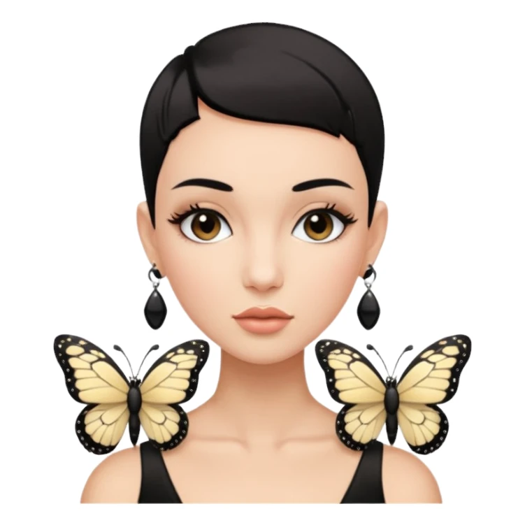 Lady with black buzz cut hair and lashes wearing 4 black earrings holding white butterfly sticker