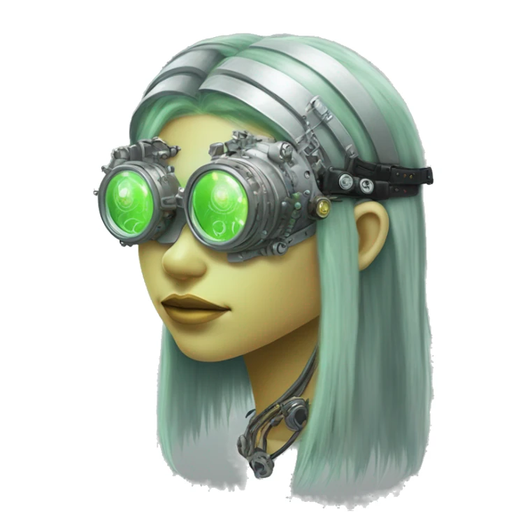 Light green long hair female cyborg head with silver steampunk goggles as a headband, circuits sticker