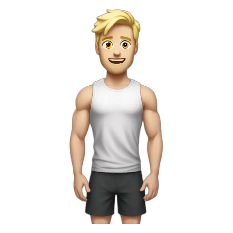 Full height Actively gesturing with hands Pale skinned fit man With the biceps and blonde hair In dark gray sleeveless mike, black oversize sports shorts, watch and white sneakers sticker