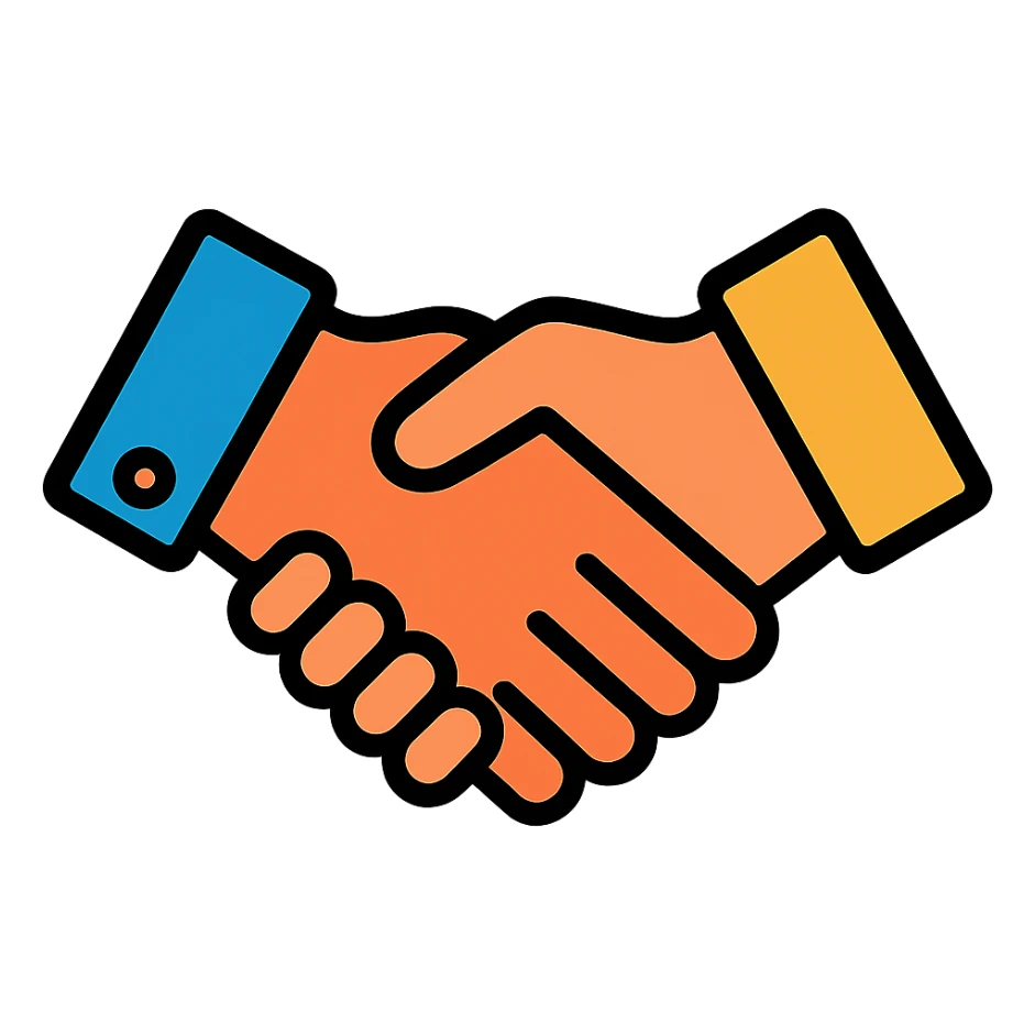 two hands closing a business deal, handshake, color outline icon style, clean and modern, with black outlines sticker