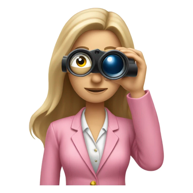 secretary style white female employee in pink suit using binoculars with long loose hair. must look straight in front of a camera sticker