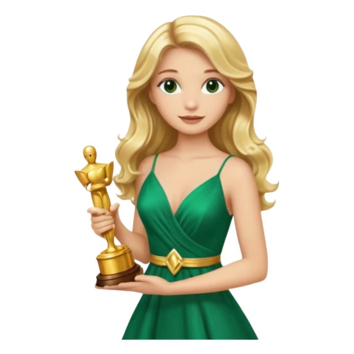 blonde model, brown eyes, long wavy hair, oscars red carpet, emerald green, holding oscar sticker