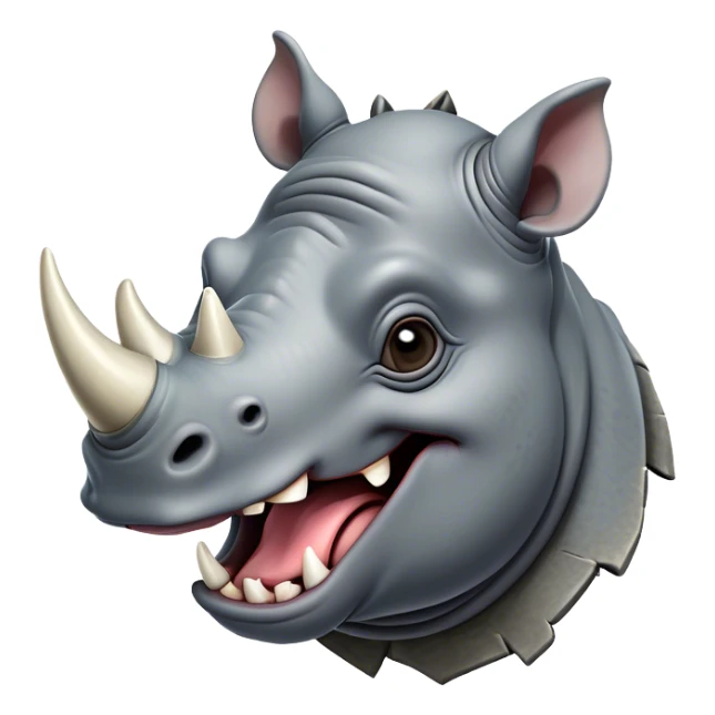 Cinematic Comical Rhinoceros Portrait Emoji, Head tilted dramatically with an exaggeratedly amused expression, featuring a striking, glossy slate-gray hide with a boldly textured horn, wide, expressive eyes filled with playful disbelief, Simplified yet hilariously expressive features, highly detailed, glowing with a slightly sassy glow, high shine, dramatic yet playful, stylized with an air of cheeky wild mischief, bright and endearing, soft glowing outline, capturing the essence of a spirited and over-the-top rhinoceros, so meme-worthy it feels like it could charge its way into internet fame instantly! sticker