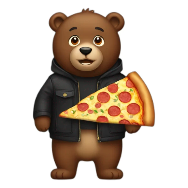a brown bear with a black jacket and a big pizza sticker