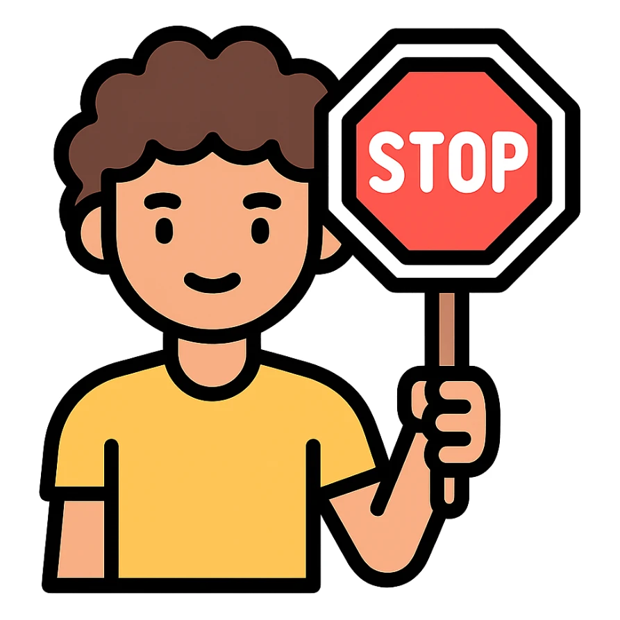 brunette person with curly hair holding a stop sign, color outline icon sticker