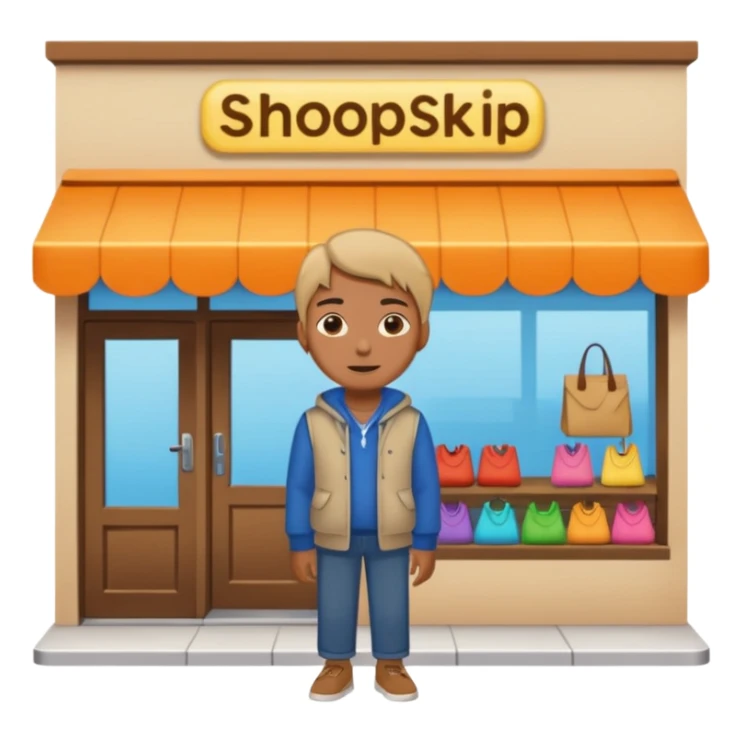 grown  2D line-drawn character + small bright shop sticker