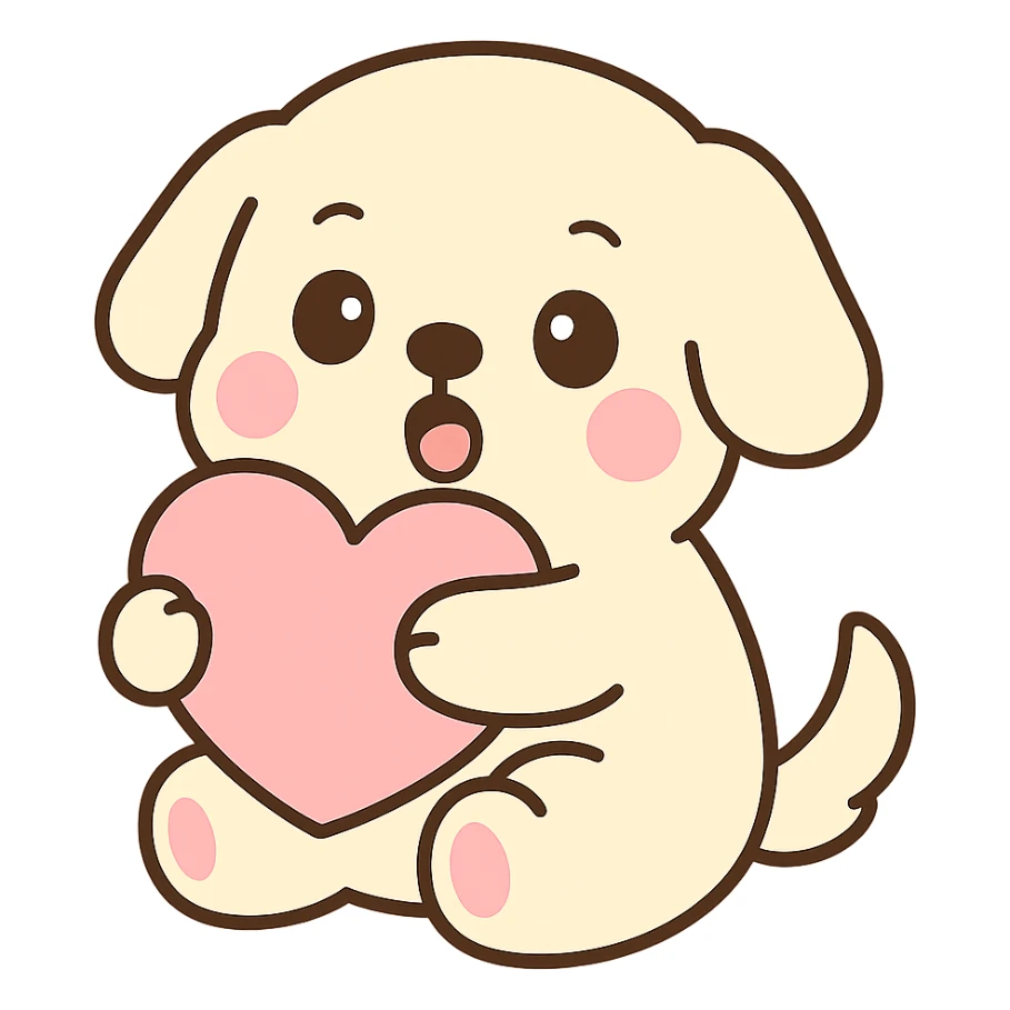 A cute white cream retriever hugging a pretty pink heart pillow with a surprised and smiling expression, no background, cute style. sticker