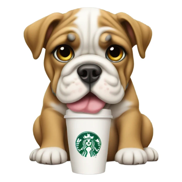 Bulldog puppy with Starbucks cup sticker
