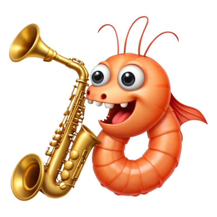 a cooked piece of shrimp with eyes and teeth playing the saxophone  sticker
