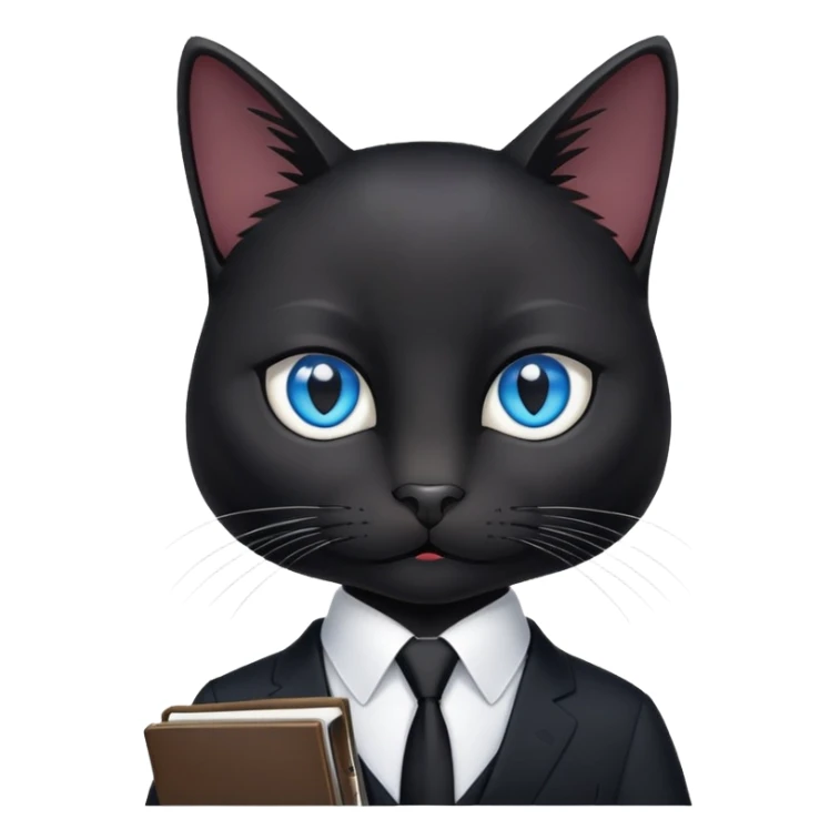 black cat with blue eyes in a black suit with black tie and notebook sticker