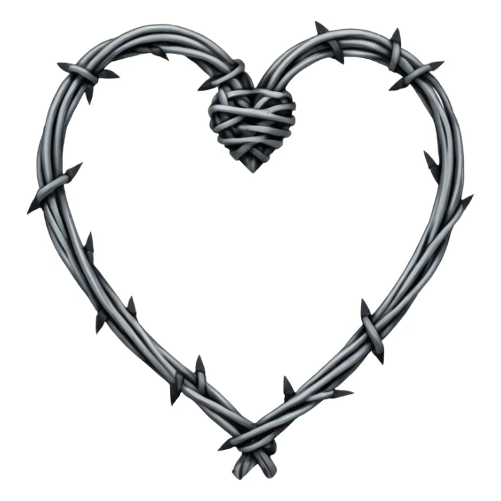 Minimal black line art heart made from barbed wire, hand-drawn sketch look, uneven ink strokes, 6–7 barbs with twisted knots, simple clean outline, centered on plain white background, high contrast sticker