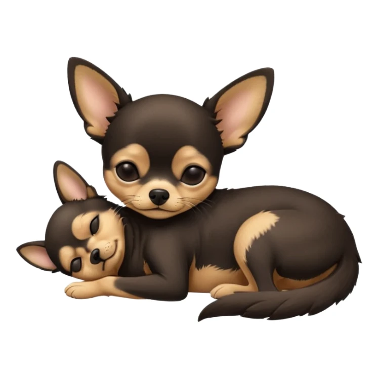 A high-resolution photo-realistic digital illustration of a  black tan chihuahua with eyes closed shut sleeping lazily on the ground sticker