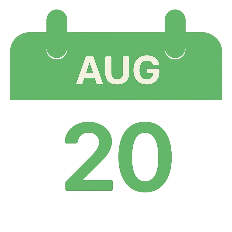 A modern calendar icon with August 20 highlighted in green color, no background, sleek and contemporary design. sticker