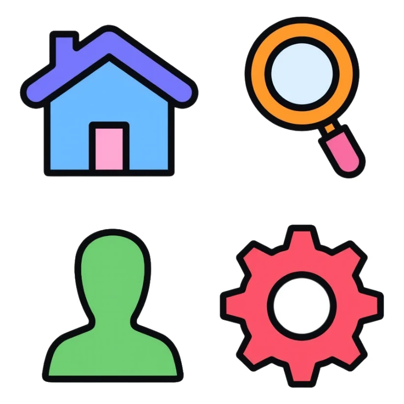Website icon set with colorful icons: blue home icon, orange magnifying glass search icon, green hamburger menu icon, purple profile/user icon, and red gear settings icon sticker