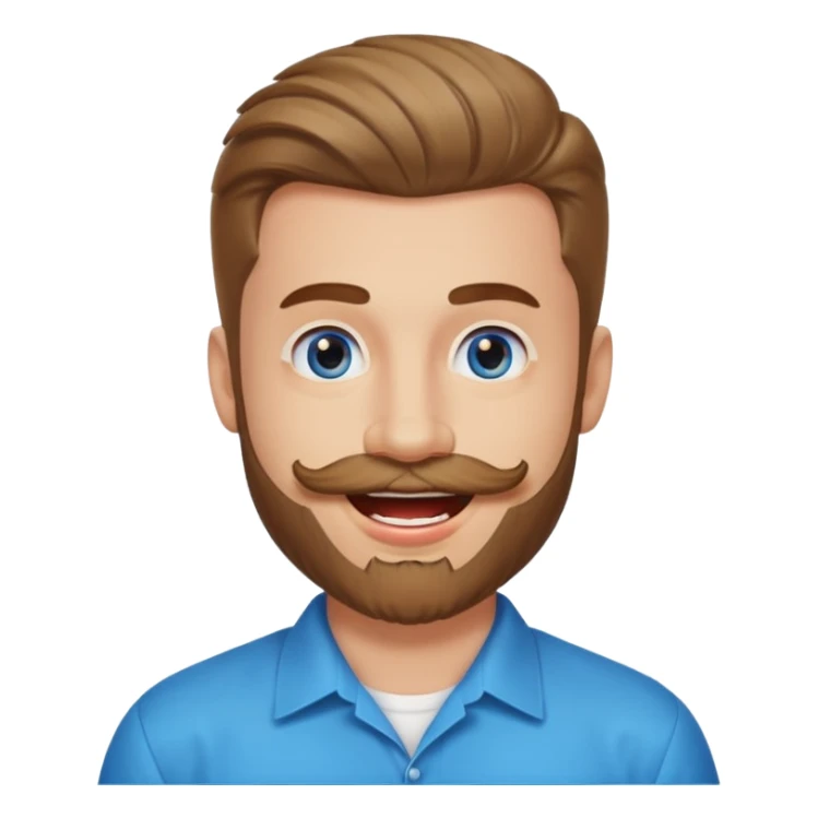 25 year old man, manicured beard, moustache and flavor savor, brown puffy mullet, blue eyes, big smile, white teeth, big lips, pronounced jaw sticker