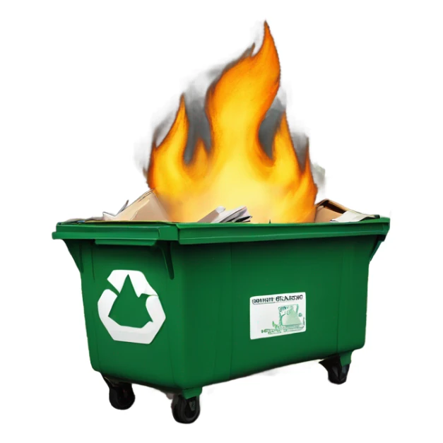 Oregon duck in a dumpster fire with the Ohio state university logo on the dumpster sticker