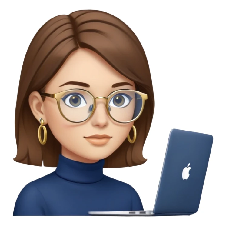 Female programmer with brown hair, navy blue turtleneck, gold hoop earrings, blue computer glasses, using laptop sticker