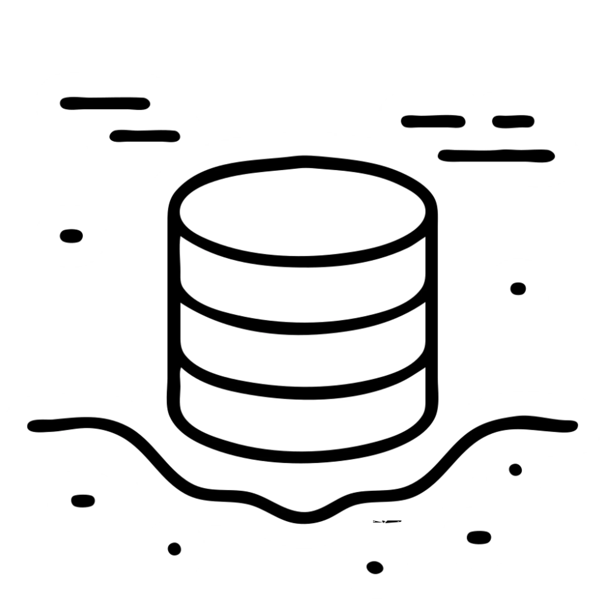 outlined icon of stacked database cylinders in a basement or underground setting with abstract data streams, worn and distressed effect, detailed icon sticker