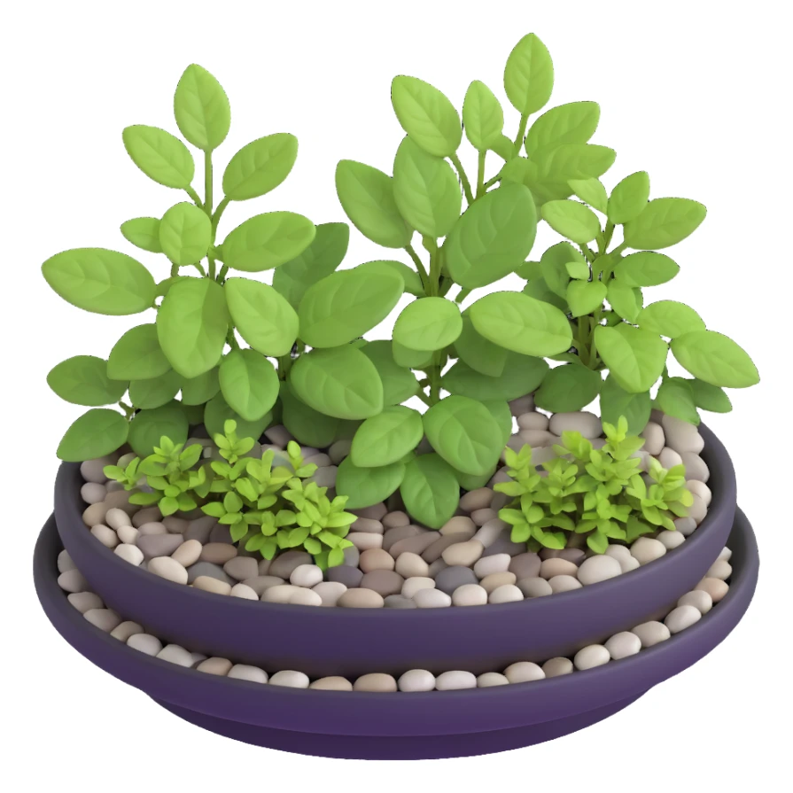 Miniature dish garden with young Plectranthus Verticillatus plants with perfectly round leaves arranged with small pebbles and moss sticker