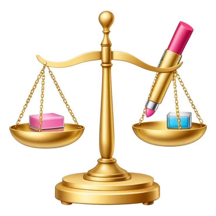 gold scale with dollars on one side and beauty products like lipstick, perfume, makeup on the other sticker