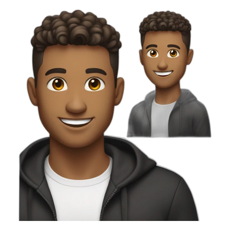 Smiling guy, barber fade haircut, wearing a black quarter zip sweater with white tee shirt under, tan skin tone, working on a MacBook Air sticker