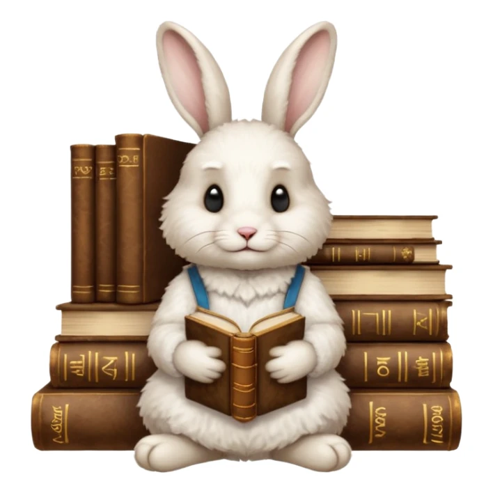 White rabbit sitting on 4 legs next to a stack of books consisting of 3 books sticker
