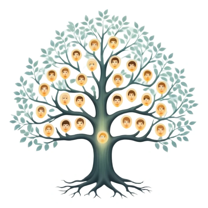 Ethereal family tree with translucent branches connecting glowing ancestor portraits, soft misty background, dreamlike genealogy chart sticker