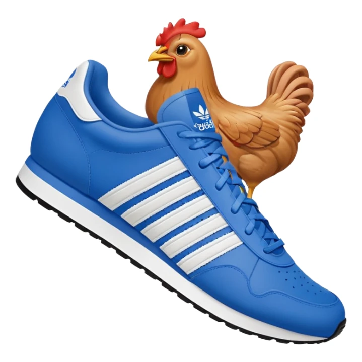 blue adidas sneaker with elements of a face and chicken legs, emoji style sticker