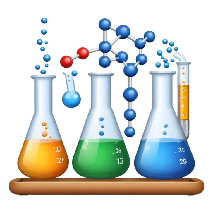 An icon featuring chemical powders, a test tube, and molecular structures, symbolizing chemistry. The design includes chemical formulas, beakers, and a periodic table, representing chemical reactions and experimentation. Transparent background sticker