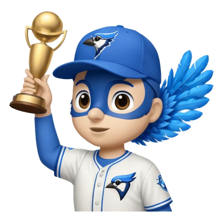 blue jay wearing bluejays MLB baseball cap, holding trophy 🏆 over his head sticker
