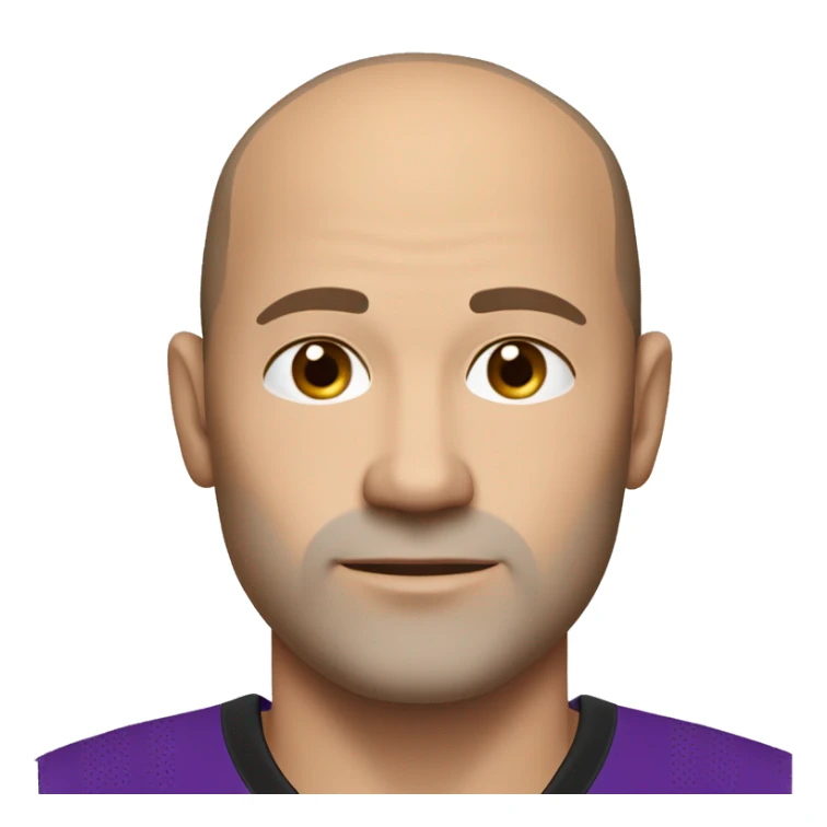 45-year-old man with a slightly round face, very short, almost shaved hair with a small central crest and a slightly receding hairline. He has brown eyes, subtle stubble, and wears a black and purple soccer jersey. sticker
