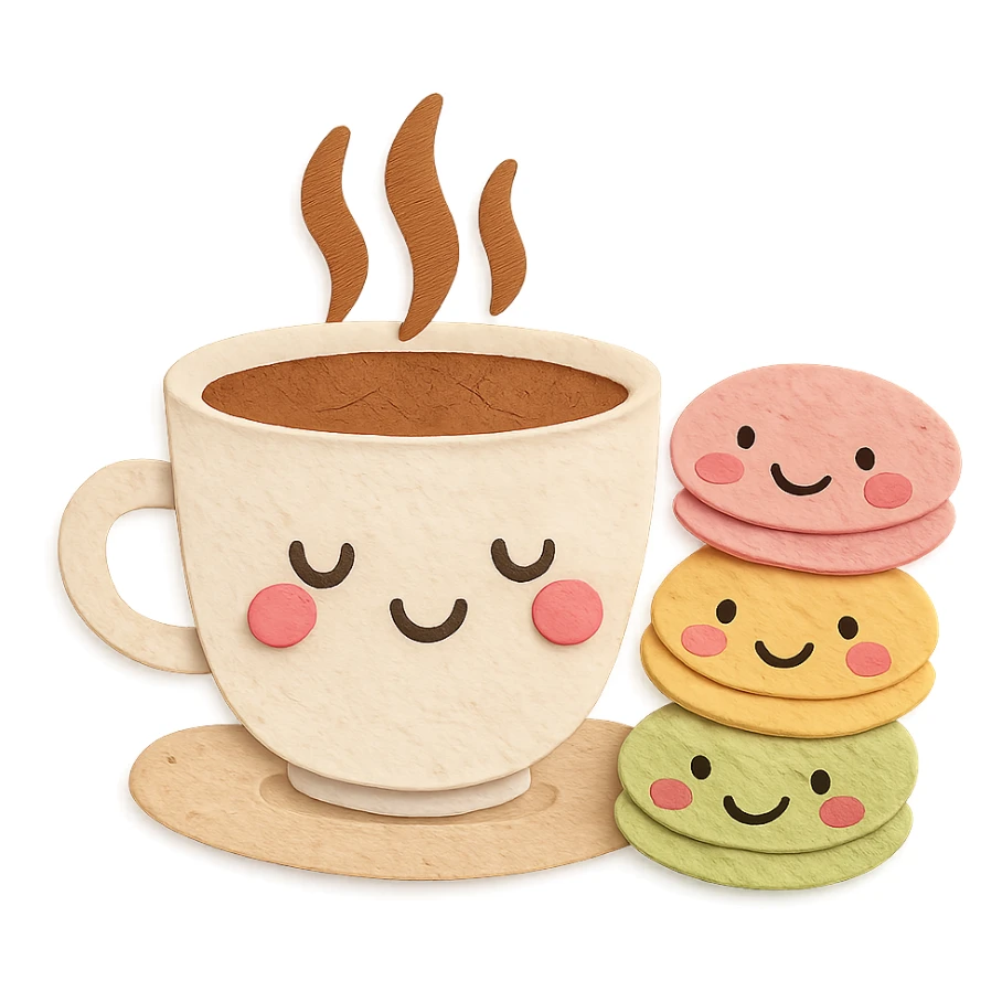 coffee cup with three macarons, all with blushing cheeks, soft pastel colors, hand-drawn style sticker