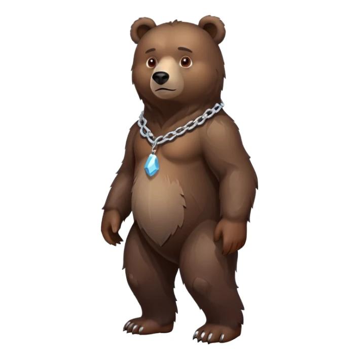 Dark brown bear in a slight walking pose, full body view on all four legs, realistic fur detail, serious expression, ice chain around neck sticker
