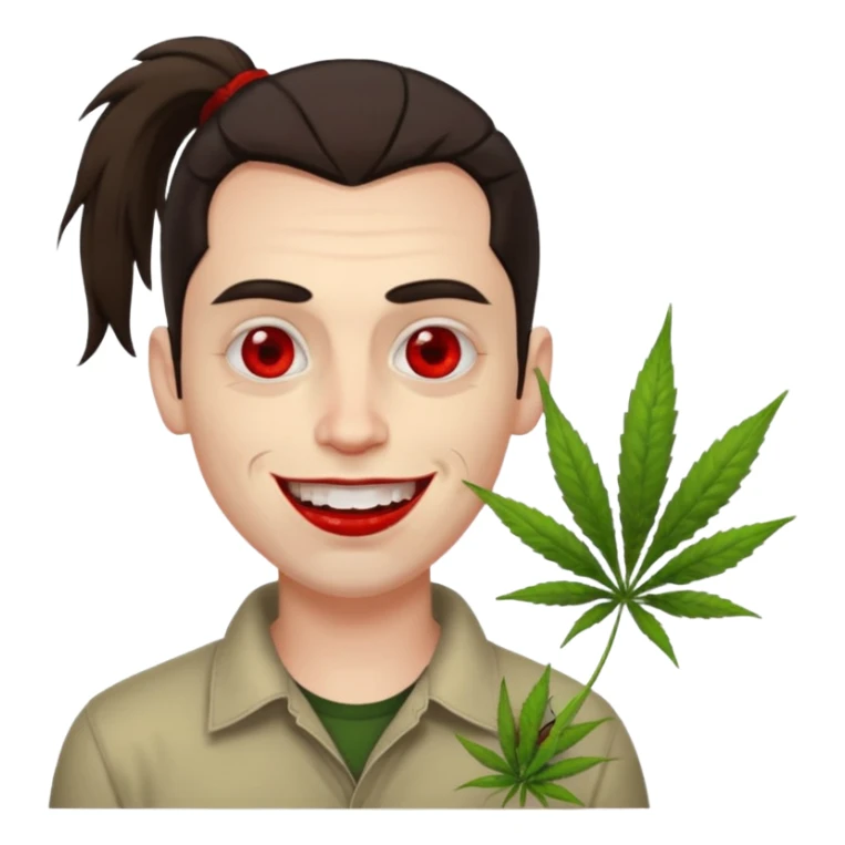 A white man with dark brown hair in a ponytail, oversized bloodshot eyes, grinning, weed smoker  sticker