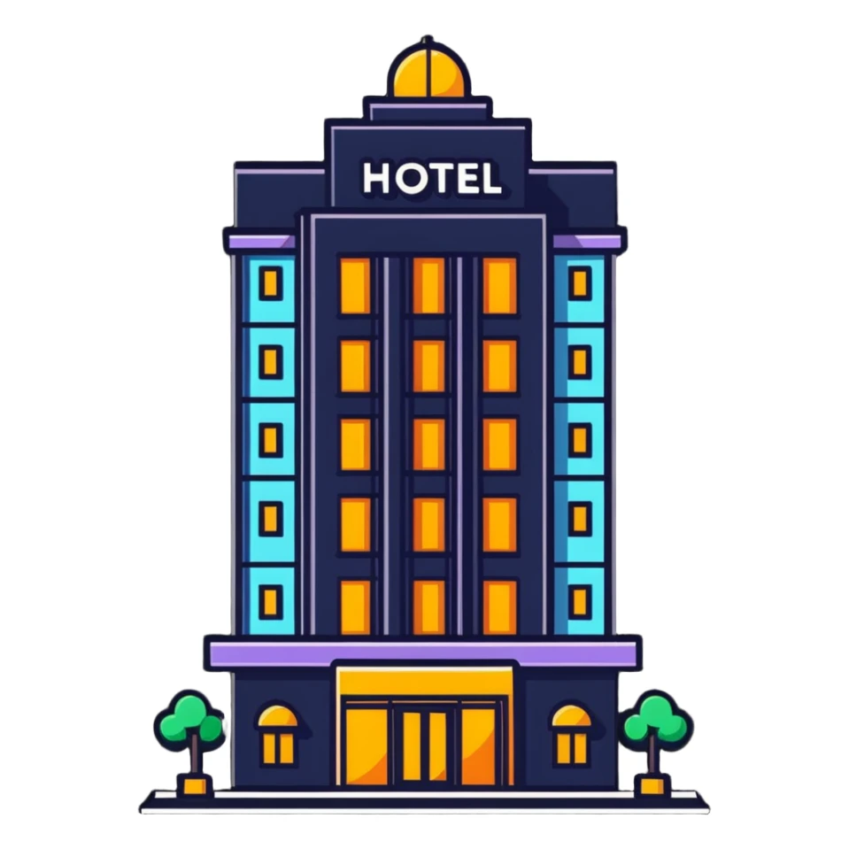 tall hotel building with illuminated sign and entrance sticker