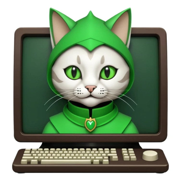 mac os icon code computer retro terminal, black, green white, fantasy court jester cat draw as ASCII GREEN code inside the terminal sticker