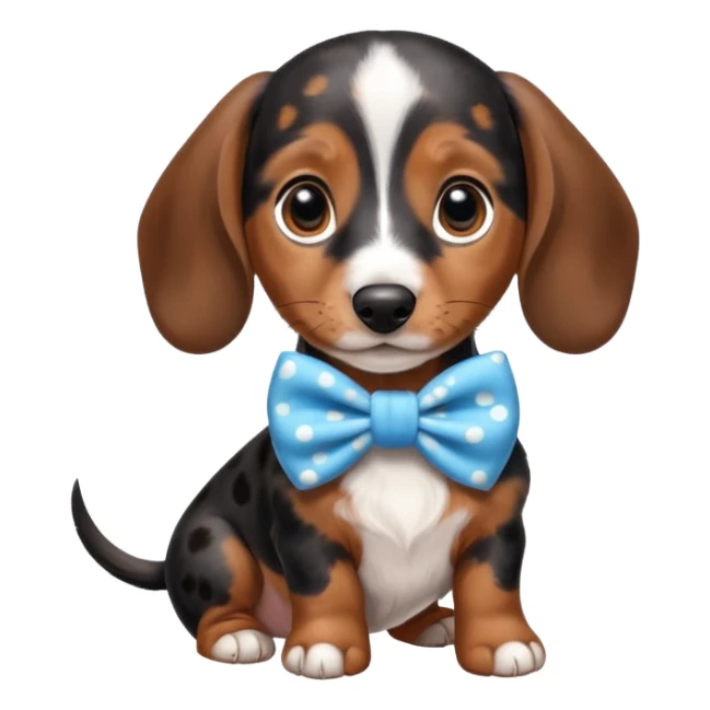 Spotted dachshund puppy with blue bow on ear￼ sticker