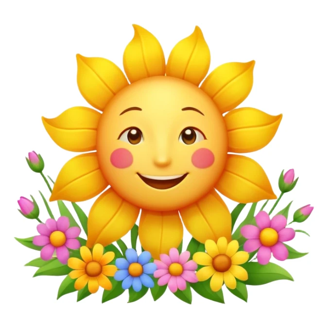 Happy smiling sun character with spring flowers blooming around it sticker