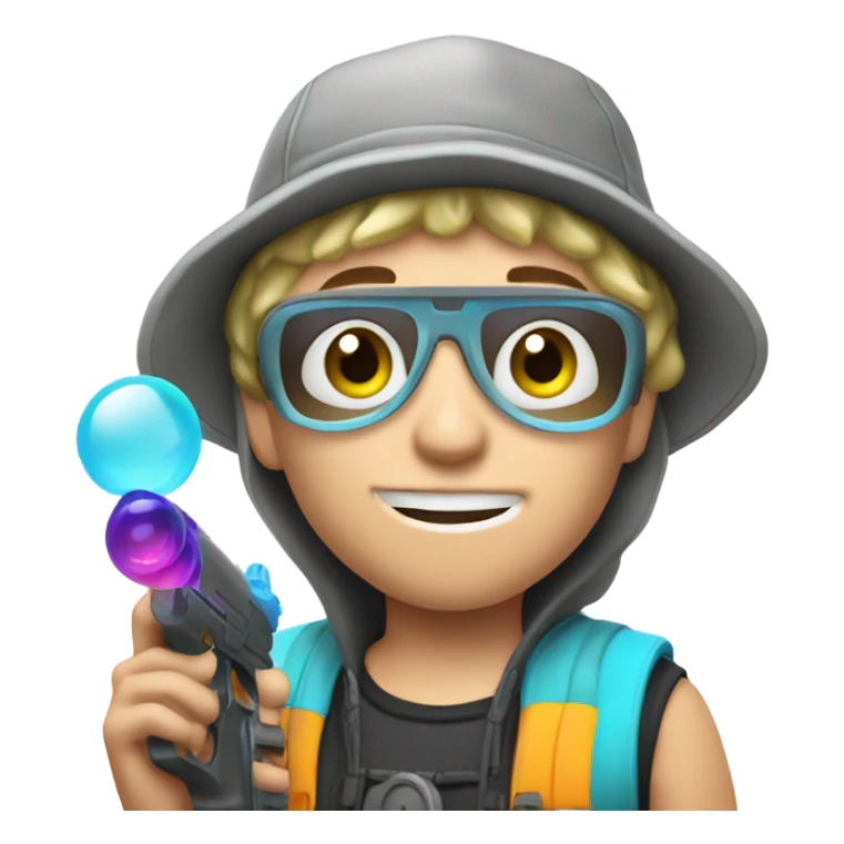Caucasian boy in rave gear with mask and hat and shooting a bubble gun sticker