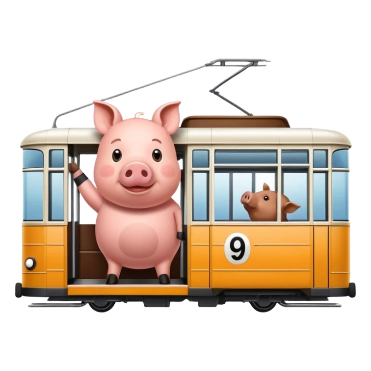 A pig driving in a tram with the no. 9 as a sign on it sticker