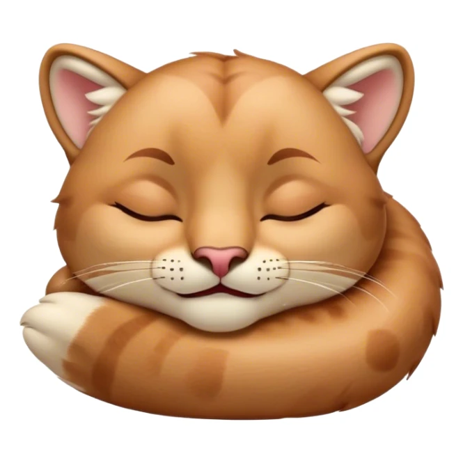 Meme-Worthy Cute Sleeping Cougar Portrait Emoji, Head resting peacefully with a contented smile, showcasing a lithe build and a luxuriously soft tawny Fur, eyes shut in a serene, restful nap, Simplified yet hilariously adorable features, highly detailed, glowing with a soft, drowsy light, high shine, relaxed and utterly lovable, stylized with an air of playful laziness, bright and heartwarming, soft glowing outline, capturing the essence of a comically sleepy cougar, so meme-worthy it feels like it could instantly become the next viral sensation of adorable slumber! sticker