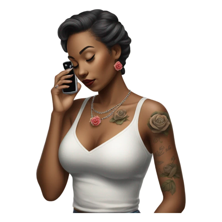 Hyper Realistic beautiful woman model with a small rose tattoo talking on a phone  sticker