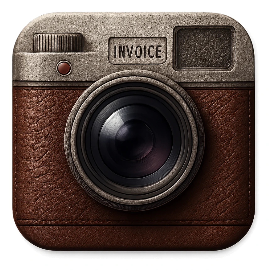 skeuomorphic app icon for an invoice app, designed as a vintage camera with leather and metal details, realistic textures, rich materials, tactile three-dimensional look sticker