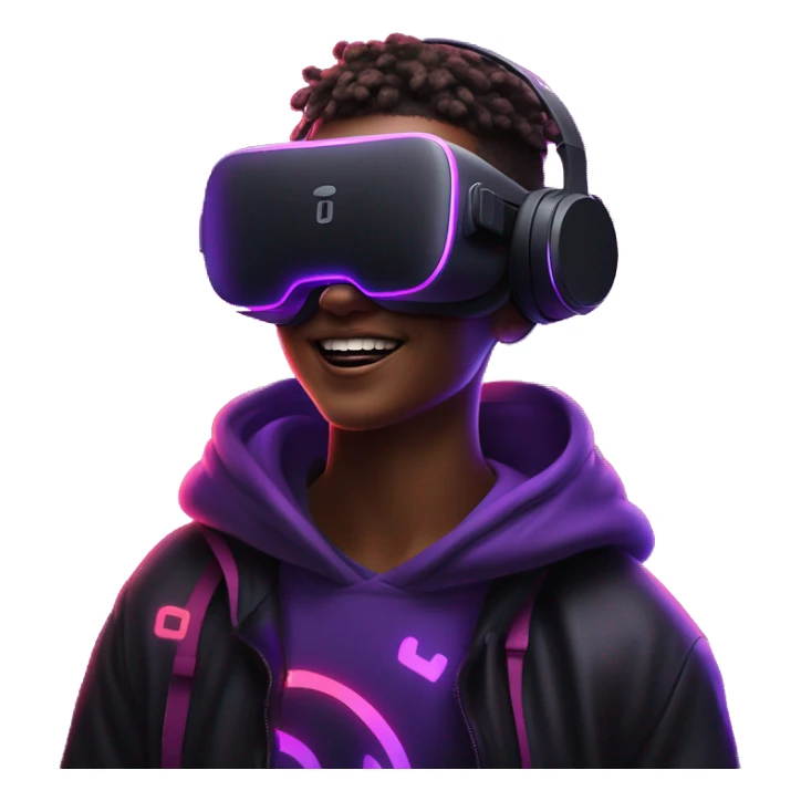 Happy student wearing a black hoodie with "OMG" letters on it and VR headset oculus quest 2 in a cyberpunk VR environment with violet neon lighting. sticker