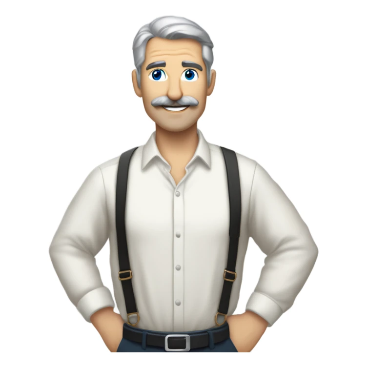 side a white man with blue eyes a thick dark brown and grey moustache, down turned black eyebrows and then dark grey hair he’s wearing an expensive watch and a white shirt and black dressy pants with beige loafers he’s looking at her smiling”  sticker